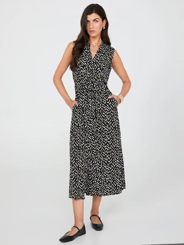 Sleeveless Printed Button-Front Midi Dress