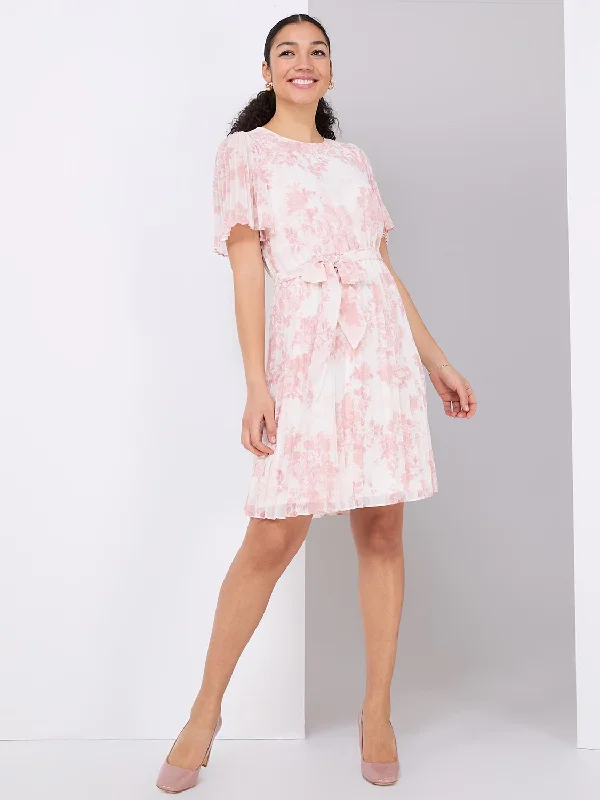 Floral Print Pleated Chiffon Dress