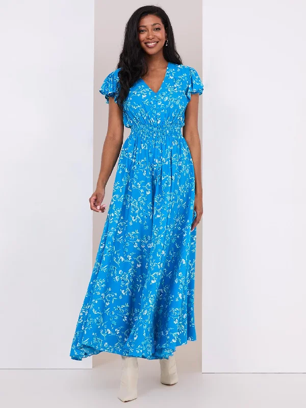 Floral Print Flutter Sleeve Maxi Dress