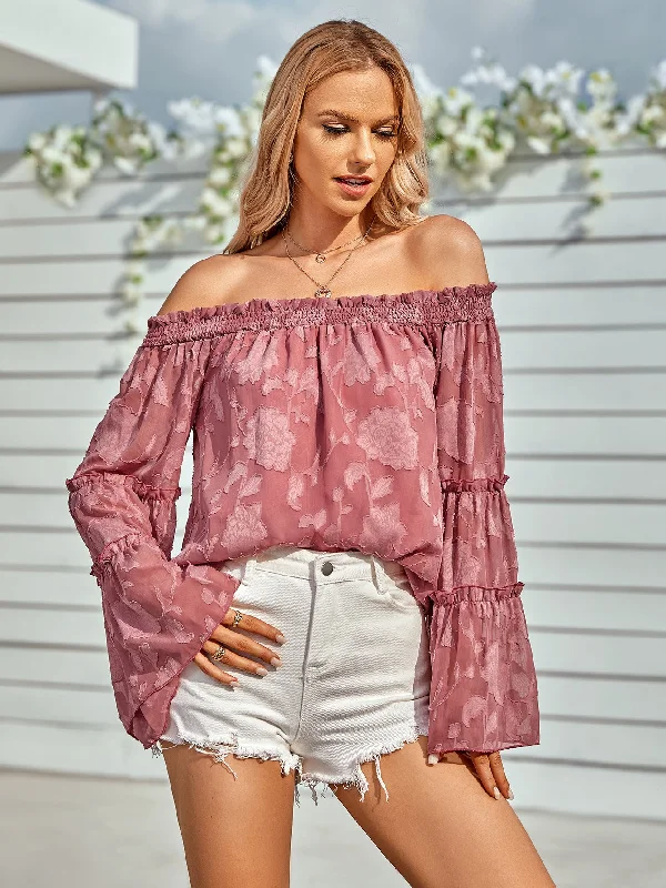 Applique Flounce Sleeve Off-Shoulder Blouse