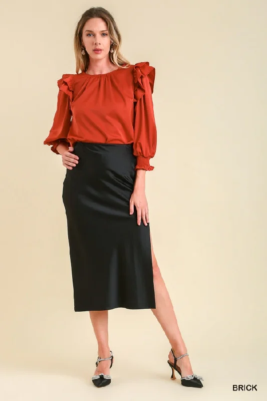 Satin Double Ruffle Blouse by Umgee Clothing