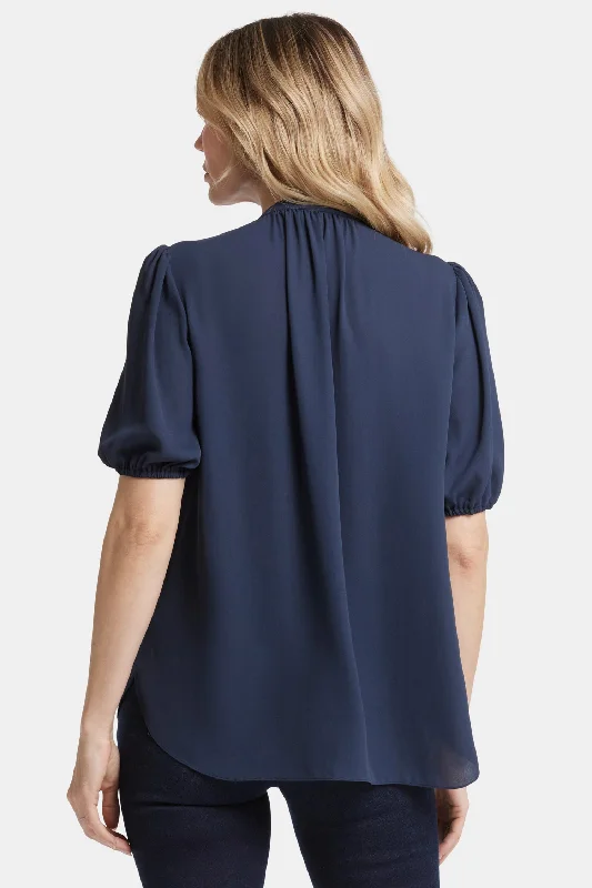 Short Puff Sleeve Popover Top - Oxford Navy