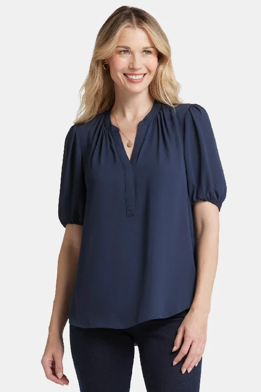 Short Puff Sleeve Popover Top - Oxford Navy