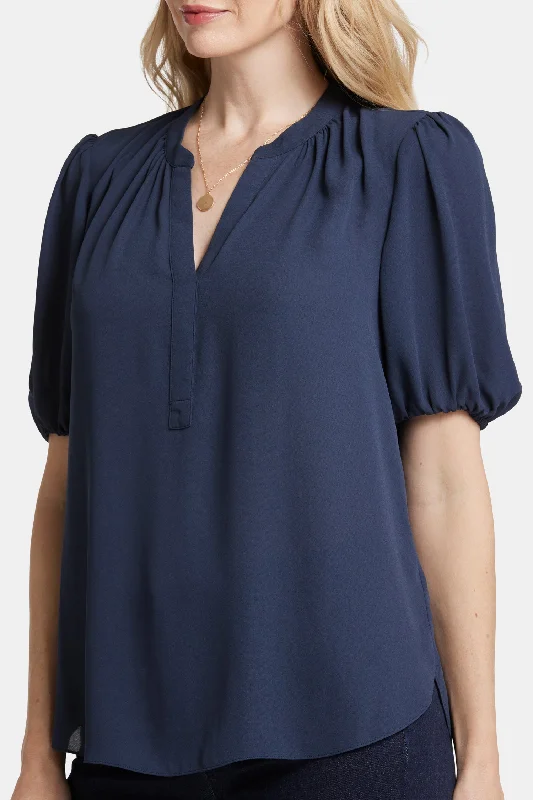 Short Puff Sleeve Popover Top - Oxford Navy