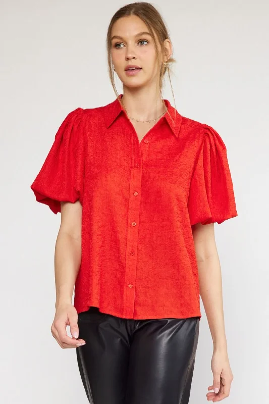 Textured Button Up Front Puff Sleeve Top by Entro Clothing