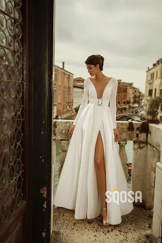 Midi dress – Dress that falls to the mid-calf, giving a balanced, modest, yet stylish appearance.Midi dress – Dress that falls to the mid-calf, giving a balanced, modest, yet stylish appearance.A Line Illusion Deep V neck Long Sleeves Elegant Satin Wedding Dress with Slit QW2401 Midi dress – Dress that falls to the mid-calf, giving a balanced, modest, yet stylish appearance.Midi dress – Dress that falls to the mid-calf, giving a balanced, modest, yet stylish appearance.A Line Illusion Deep V neck Long Sleeves Elegant Satin Wedding Dress with Slit QW2401