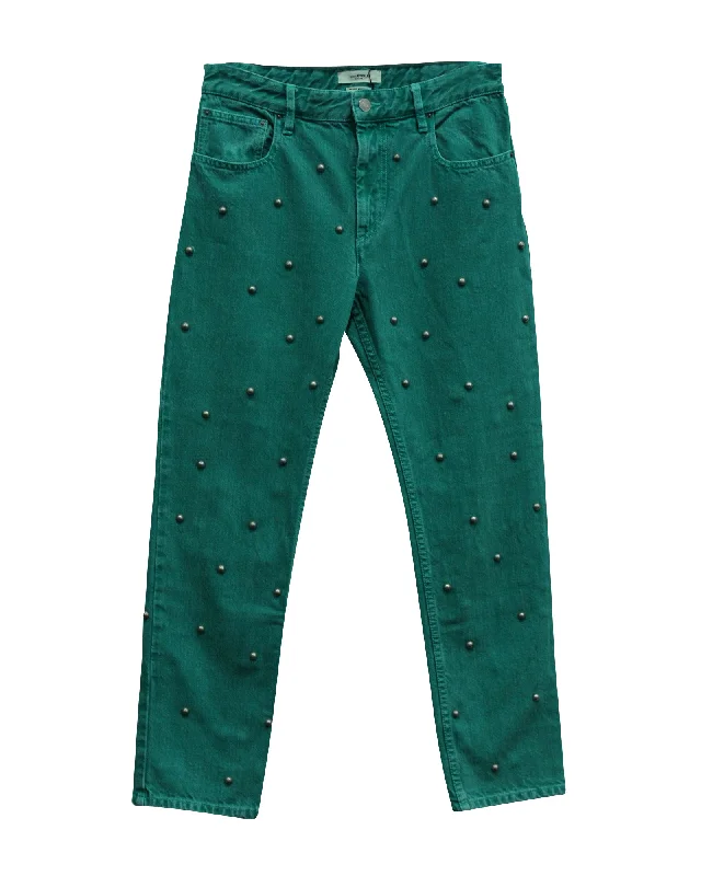 Denim trousers – Made from denim fabric, often resembling jeans but styled as more formal trousers.Denim trousers – Made from denim fabric, often resembling jeans but styled as more formal trousers.Isabel Marant Etoile Pearl Studded Jeans in Green Cotton