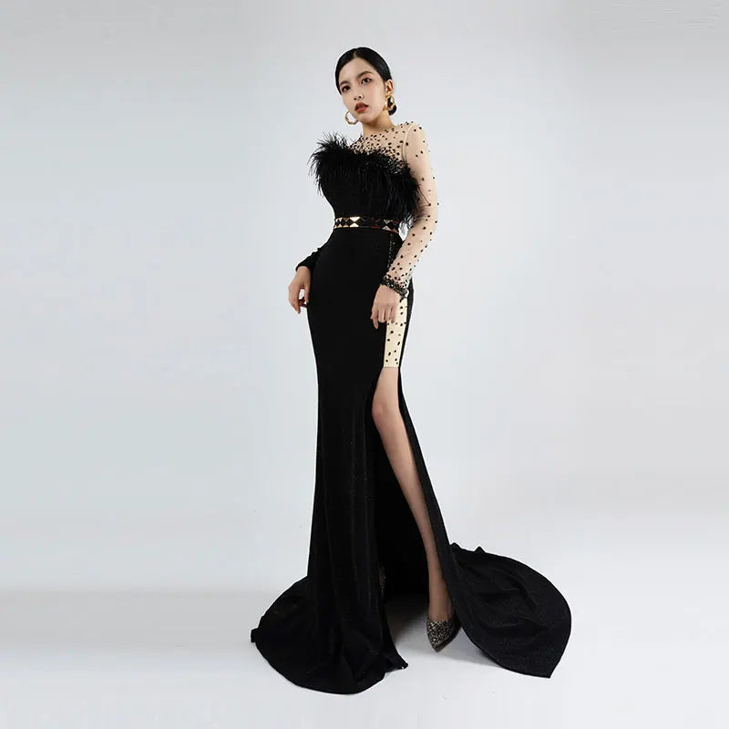 Asymmetrical skirt – Skirt with an uneven or diagonal hemline for a modern and unique appearance.Asymmetrical skirt – Skirt with an uneven or diagonal hemline for a modern and unique appearance.Baisha Long Evening Party Dresses For Women Feather Beaded Split Skirt Fashionable Metal Waist Buckle Dress Long Sleeve H1120 Asymmetrical skirt – Skirt with an uneven or diagonal hemline for a modern and unique appearance.Asymmetrical skirt – Skirt with an uneven or diagonal hemline for a modern and unique appearance.Baisha Long Evening Party Dresses For Women Feather Beaded Split Skirt Fashionable Metal Waist Buckle Dress Long Sleeve H1120