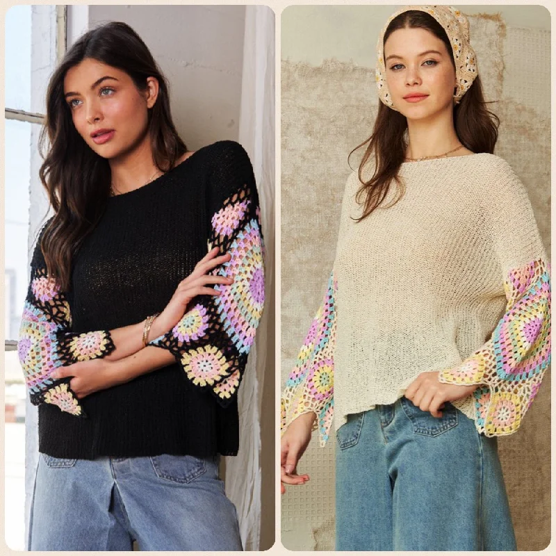 Merino wool – Soft, fine wool for warmth and breathabilityMerino wool – Soft, fine wool for warmth and breathabilityCROCHET MULTI COLORED GRANNY SLEEVE SWEATER TOP - BLACK OR CREAM