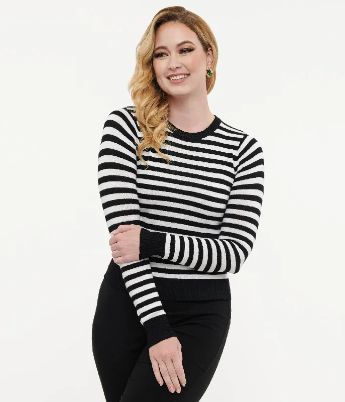Merino wool – Soft, fine wool for warmth and breathabilityMerino wool – Soft, fine wool for warmth and breathabilityRetro Style Black & White Stripe Long Sleeve Knit Sweater Top